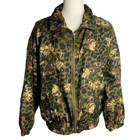 Vintage Silk Leopard Print Bomber Jacket M Green Floral Full Zip Pockets Lined - Picture 1 of 6